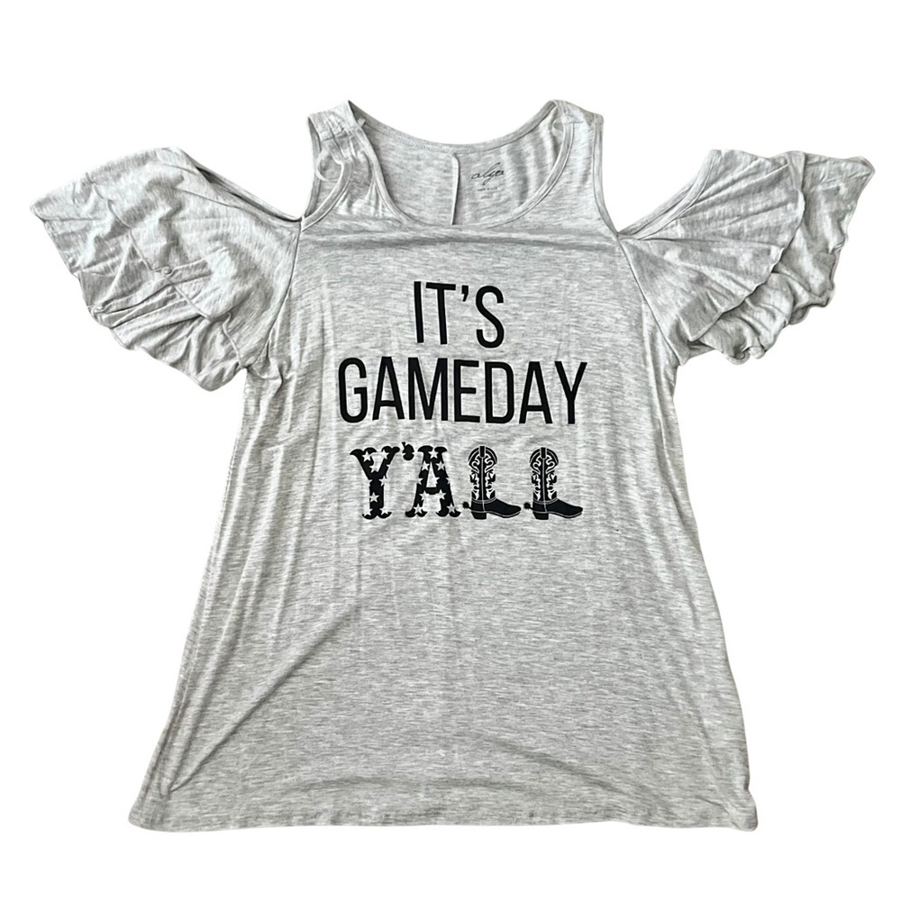 Alya Small “It’s Gameday Y’all” Cold Shoulder Ruffle Sleeve Graphic Tee